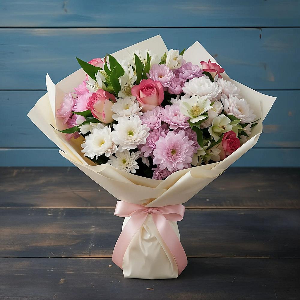 Букет цветов из: Хризантемы, Альстромерии и Розы в Рязани